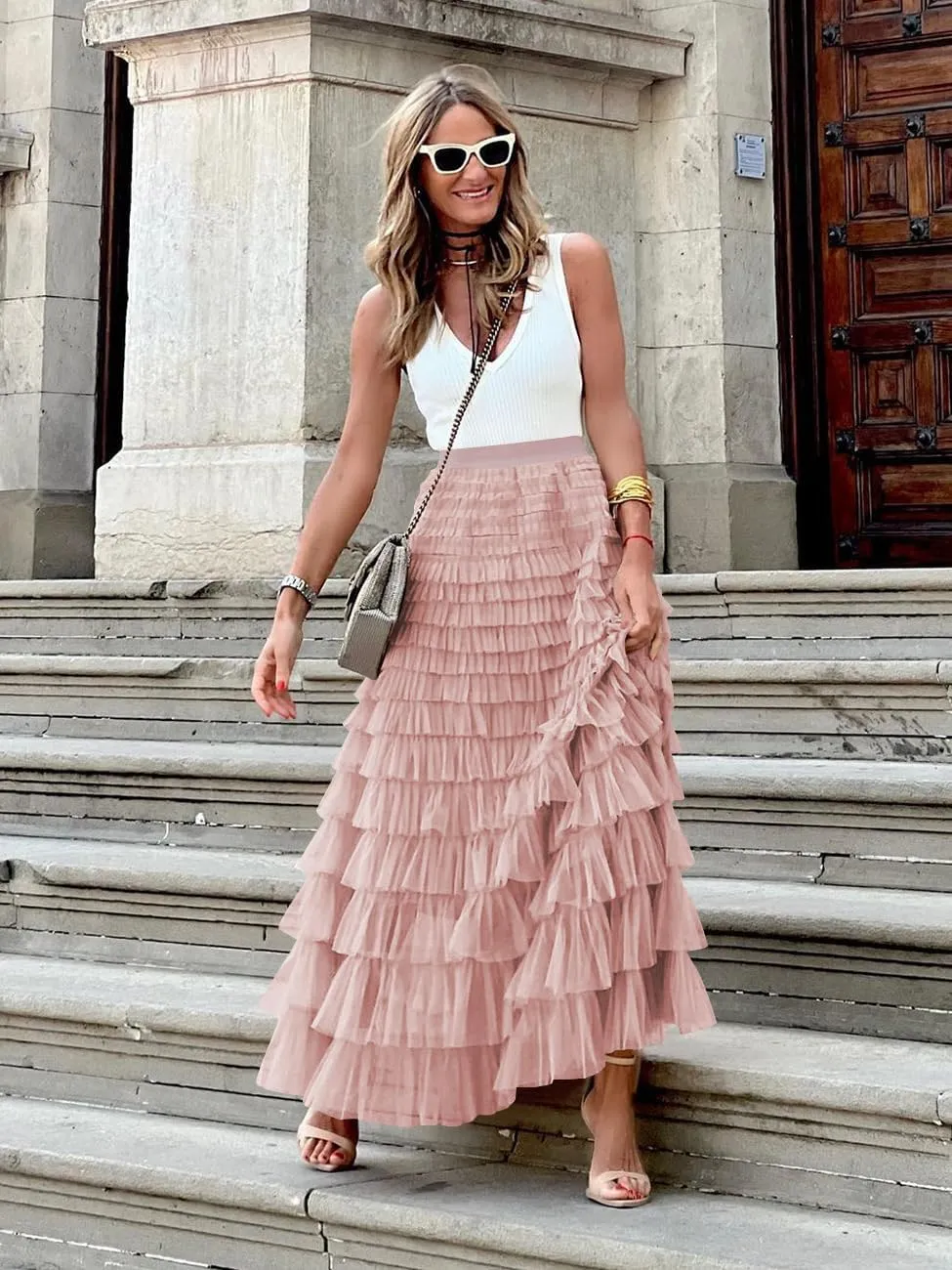 Womens Long Tulle Skirt A Line Ruffle Tiered Layered Skirts High Waisted Flowy Fairy Maxi Skirts
