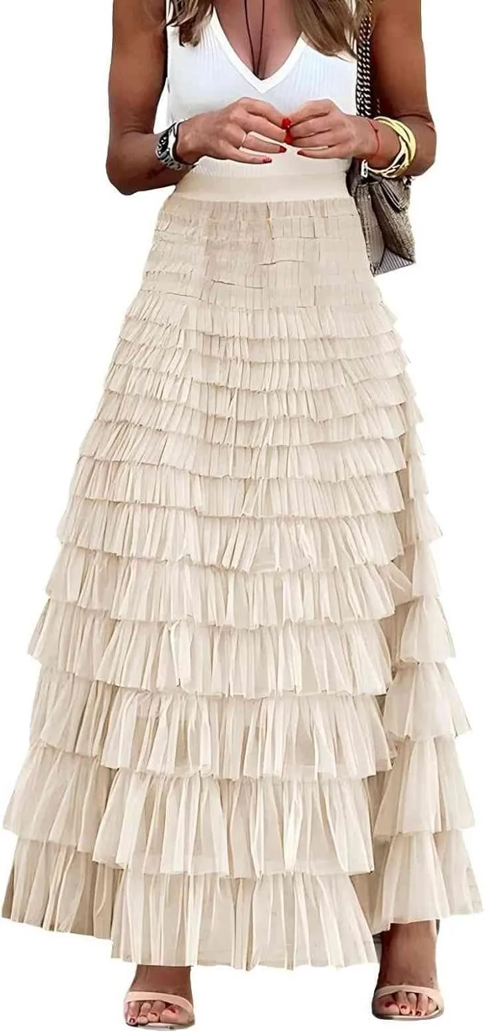 Womens Long Tulle Skirt A Line Ruffle Tiered Layered Skirts High Waisted Flowy Fairy Maxi Skirts