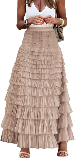 Womens Long Tulle Skirt A Line Ruffle Tiered Layered Skirts High Waisted Flowy Fairy Maxi Skirts