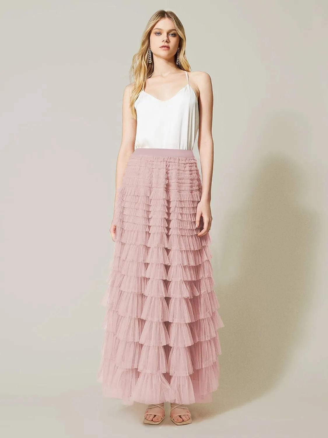 Womens Long Tulle Skirt A Line Ruffle Tiered Layered Skirts High Waisted Flowy Fairy Maxi Skirts