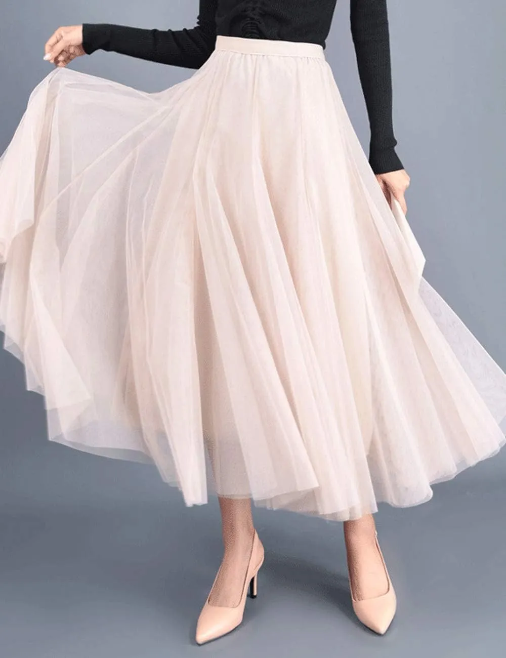Women's Long Tulle Skirt Tutu Swing Skirts Pleated Maxi Petticoat High Elastic Waist Midi Skirt Flowing Big Hem Skirt