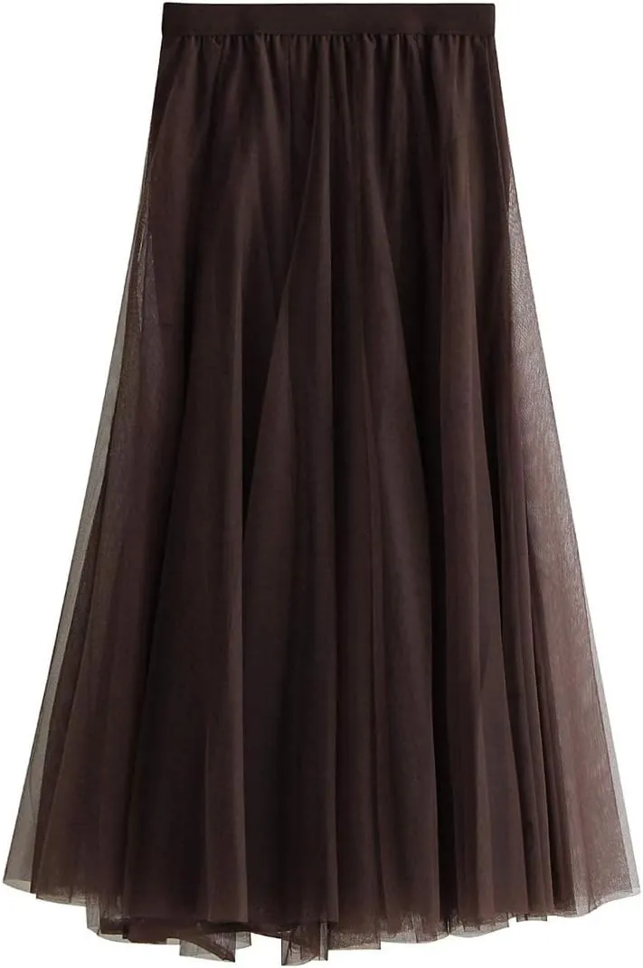 Women's Long Tulle Skirt Tutu Swing Skirts Pleated Maxi Petticoat High Elastic Waist Midi Skirt Flowing Big Hem Skirt