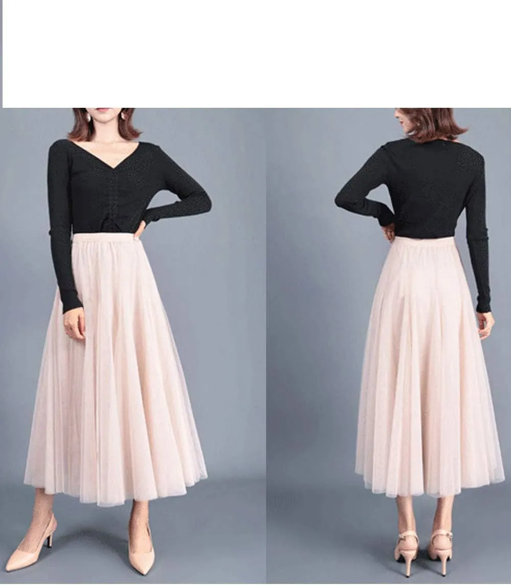 Women's Long Tulle Skirt Tutu Swing Skirts Pleated Maxi Petticoat High Elastic Waist Midi Skirt Flowing Big Hem Skirt