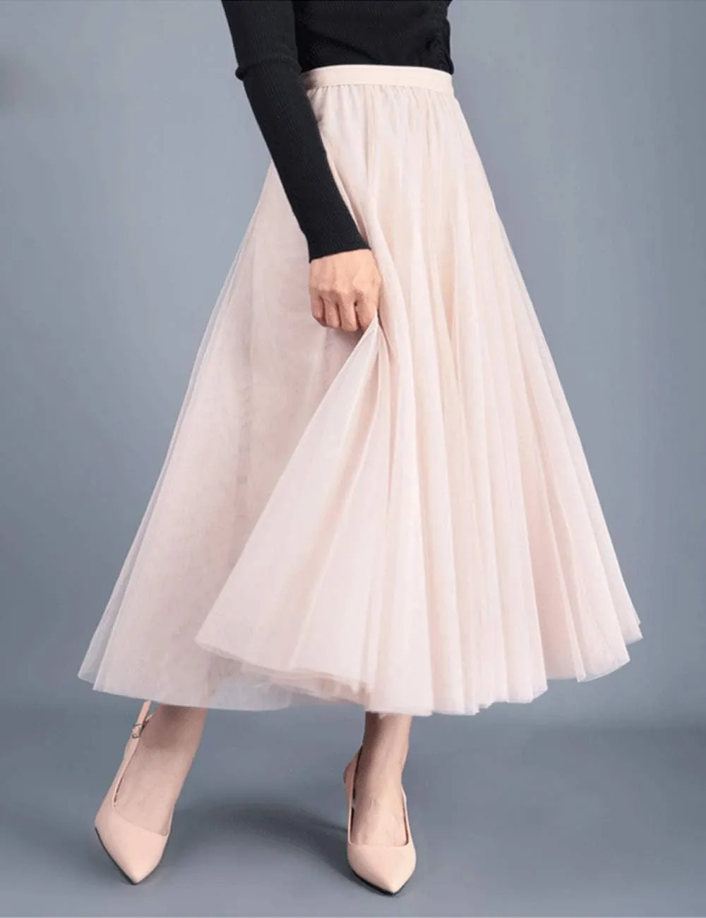 Women's Long Tulle Skirt Tutu Swing Skirts Pleated Maxi Petticoat High Elastic Waist Midi Skirt Flowing Big Hem Skirt