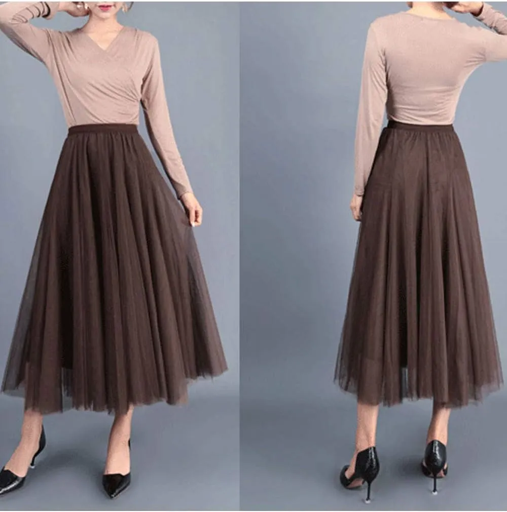 Women's Long Tulle Skirt Tutu Swing Skirts Pleated Maxi Petticoat High Elastic Waist Midi Skirt Flowing Big Hem Skirt
