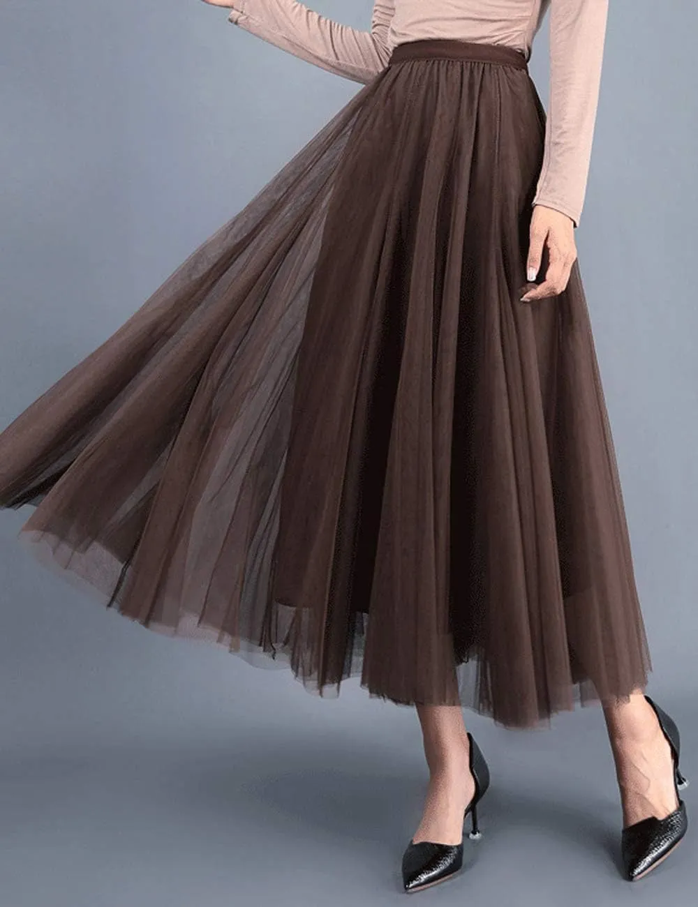 Women's Long Tulle Skirt Tutu Swing Skirts Pleated Maxi Petticoat High Elastic Waist Midi Skirt Flowing Big Hem Skirt