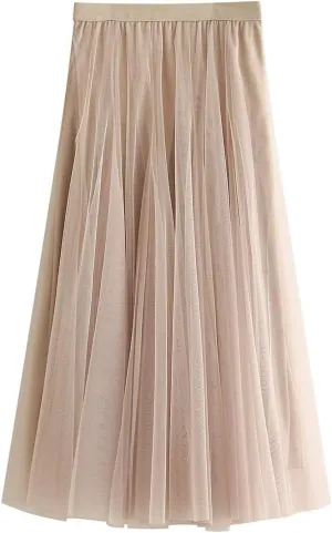 Women's Long Tulle Skirt Tutu Swing Skirts Pleated Maxi Petticoat High Elastic Waist Midi Skirt Flowing Big Hem Skirt