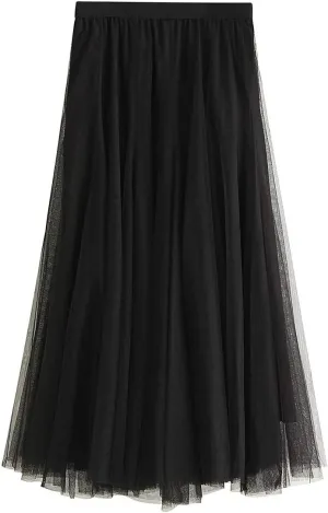 Women's Long Tulle Skirt Tutu Swing Skirts Pleated Maxi Petticoat High Elastic Waist Midi Skirt Flowing Big Hem Skirt