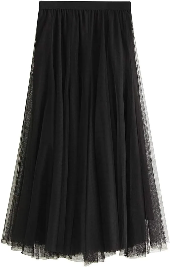 Women's Long Tulle Skirt Tutu Swing Skirts Pleated Maxi Petticoat High Elastic Waist Midi Skirt Flowing Big Hem Skirt