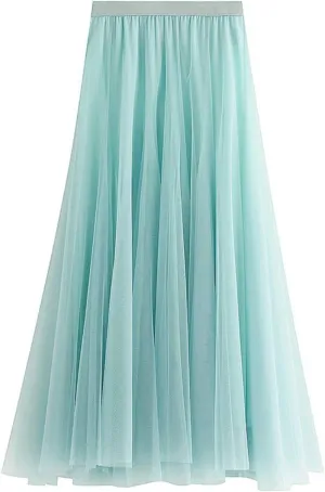 Women's Long Tulle Skirt Tutu Swing Skirts Pleated Maxi Petticoat High Elastic Waist Midi Skirt Flowing Big Hem Skirt