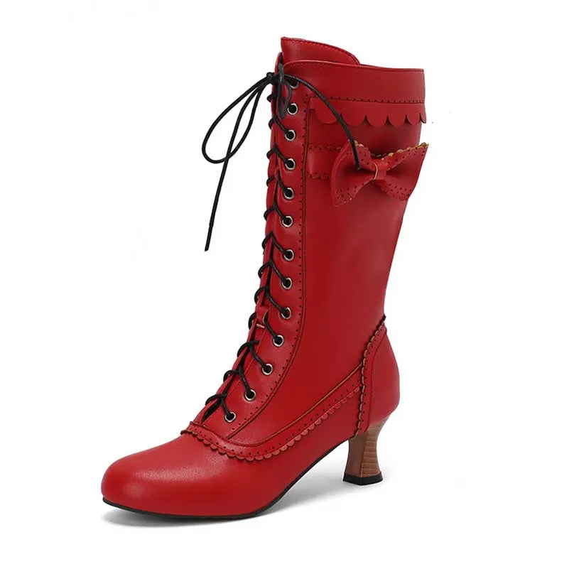 Women's Low Heel Lace-Up Boots with Bow