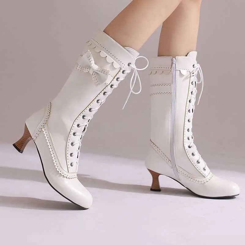 Women's Low Heel Lace-Up Boots with Bow