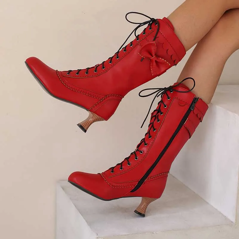 Women's Low Heel Lace-Up Boots with Bow