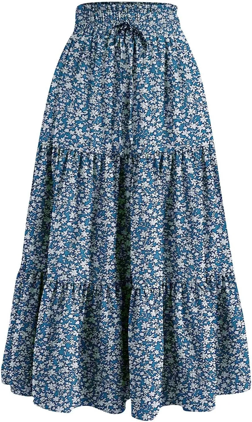 Women's Maxi Skirt 2025 Casual Loose Trendy Elastic Waist Floral Print Bohemian Sun A-Line Beach Skirts, S-XL