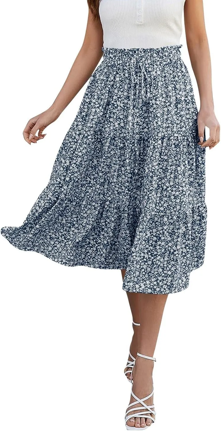 Women's Maxi Skirt 2025 Casual Loose Trendy Elastic Waist Floral Print Bohemian Sun A-Line Beach Skirts, S-XL
