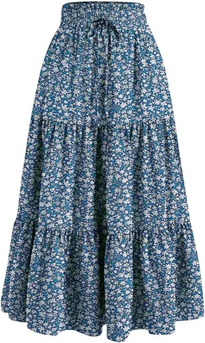 Women's Maxi Skirt 2025 Casual Loose Trendy Elastic Waist Floral Print Bohemian Sun A-Line Beach Skirts, S-XL