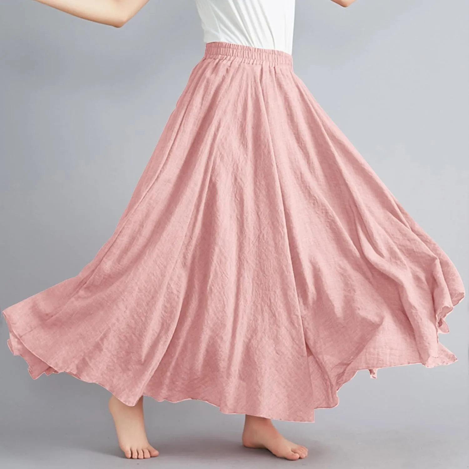 Womens Maxi Skirts Summer Boho Solid Beach Elastic High Waist Pleated A-Line Flowy Solid Color Swing Long Maxi Skirt