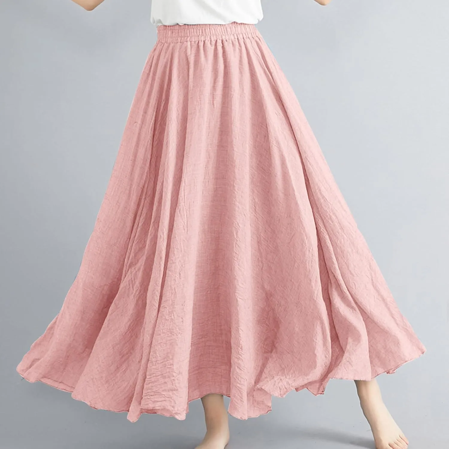 Womens Maxi Skirts Summer Boho Solid Beach Elastic High Waist Pleated A-Line Flowy Solid Color Swing Long Maxi Skirt