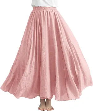 Womens Maxi Skirts Summer Boho Solid Beach Elastic High Waist Pleated A-Line Flowy Solid Color Swing Long Maxi Skirt