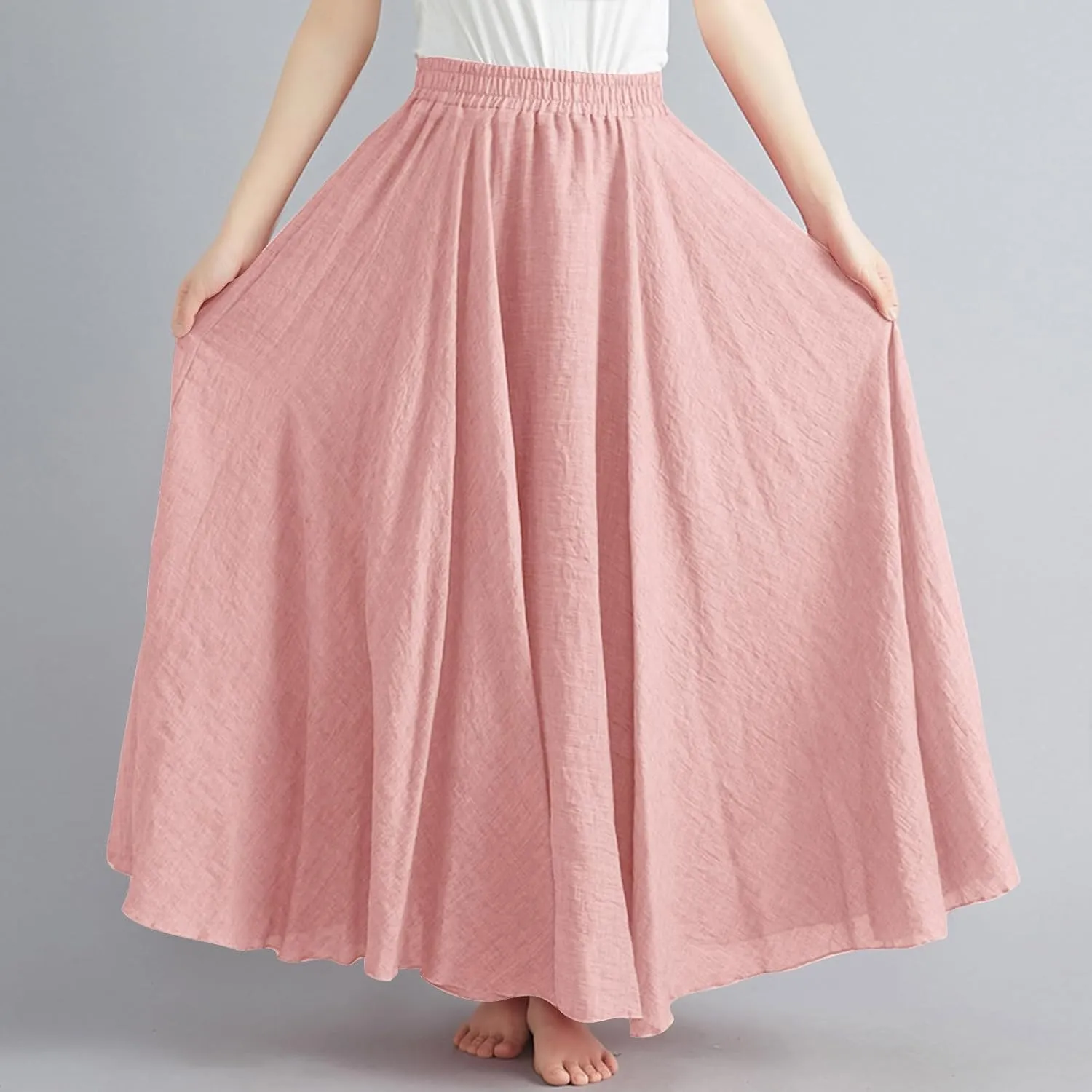 Womens Maxi Skirts Summer Boho Solid Beach Elastic High Waist Pleated A-Line Flowy Solid Color Swing Long Maxi Skirt