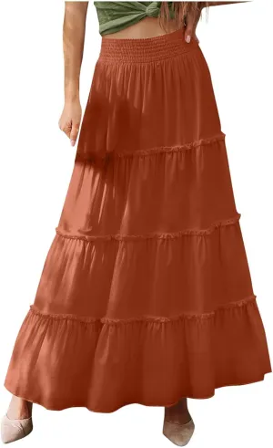 Womens Maxi Skirts Trendy Flowy Swing Tiered A-Line Long Skirt Summer Beach Swim Cover Up Vacation Travel Outfit 2025