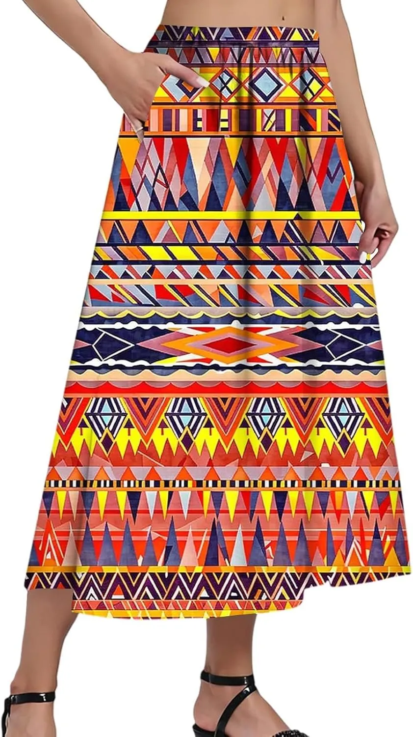 Women's Midi Boho Floral Skirts Trendy A Line Skirt Comfy Flowy High Elastic Waist Skorts with Pockets
