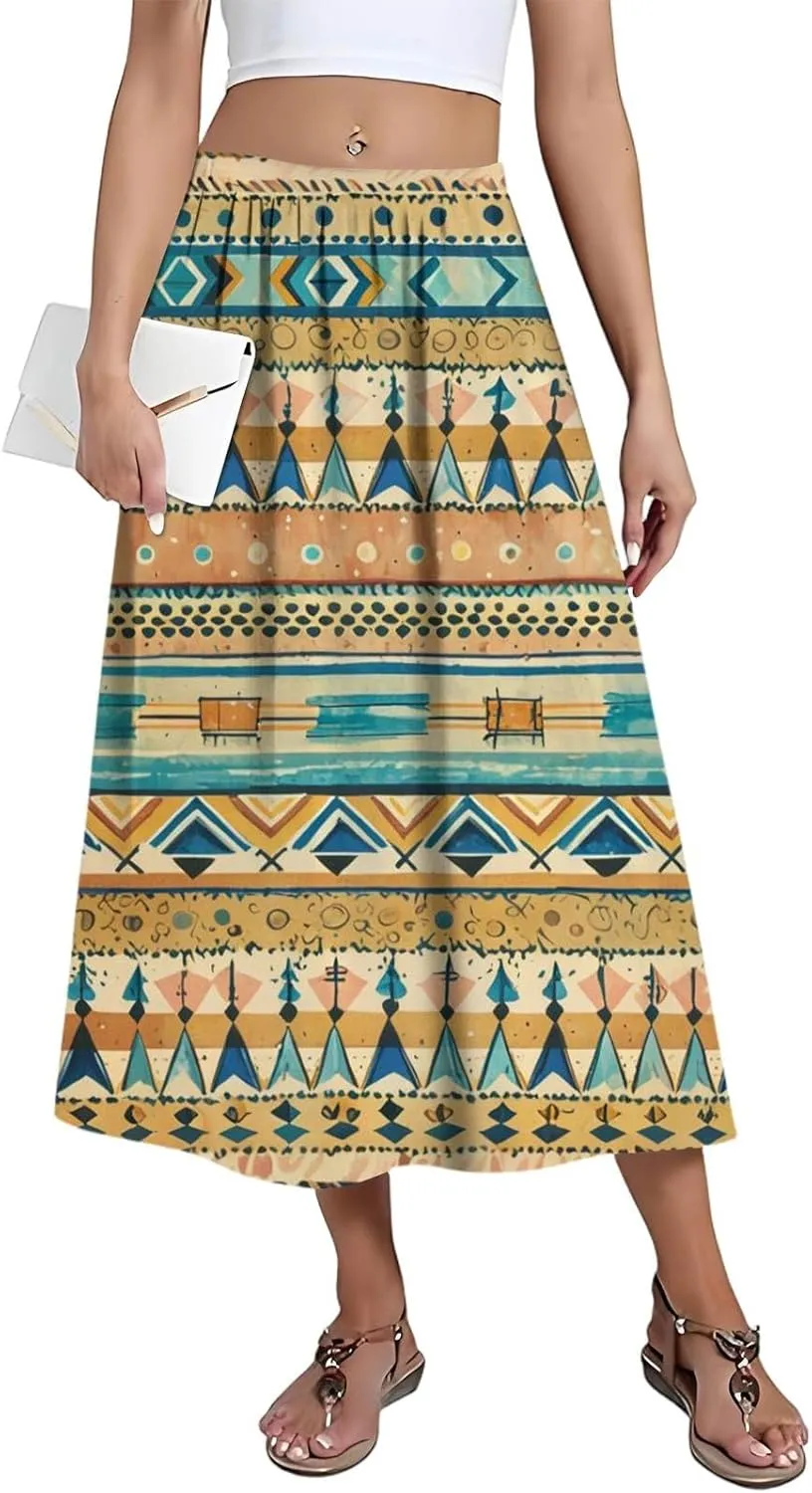 Women's Midi Boho Floral Skirts Trendy A Line Skirt Comfy Flowy High Elastic Waist Skorts with Pockets
