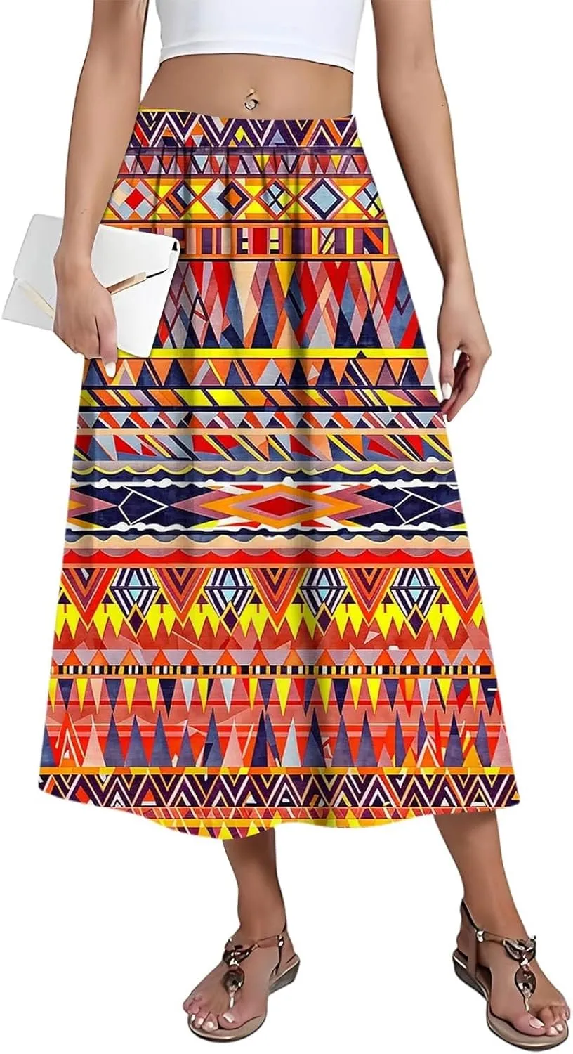 Women's Midi Boho Floral Skirts Trendy A Line Skirt Comfy Flowy High Elastic Waist Skorts with Pockets