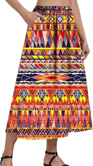 Women's Midi Boho Floral Skirts Trendy A Line Skirt Comfy Flowy High Elastic Waist Skorts with Pockets
