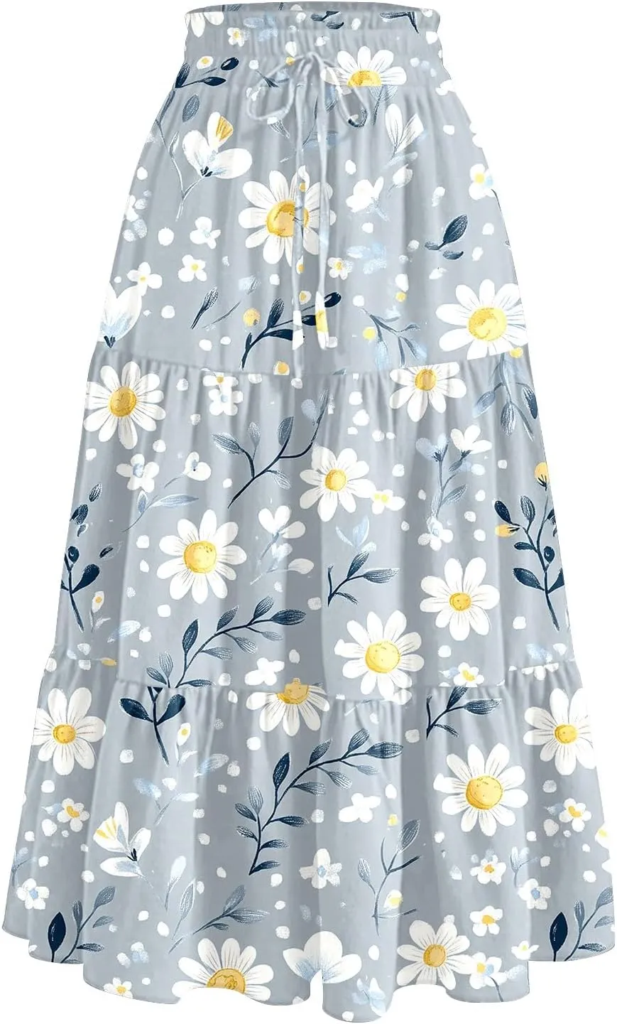 Women's Midi Boho Floral Tiered Skirts Trendy Comfy Flowy Drawstring High Elastic Waist A Line Skirt Skorts with Pockets