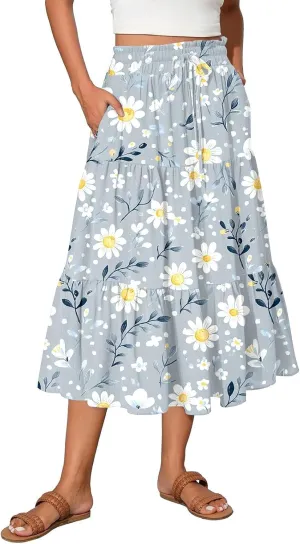 Women's Midi Boho Floral Tiered Skirts Trendy Comfy Flowy Drawstring High Elastic Waist A Line Skirt Skorts with Pockets