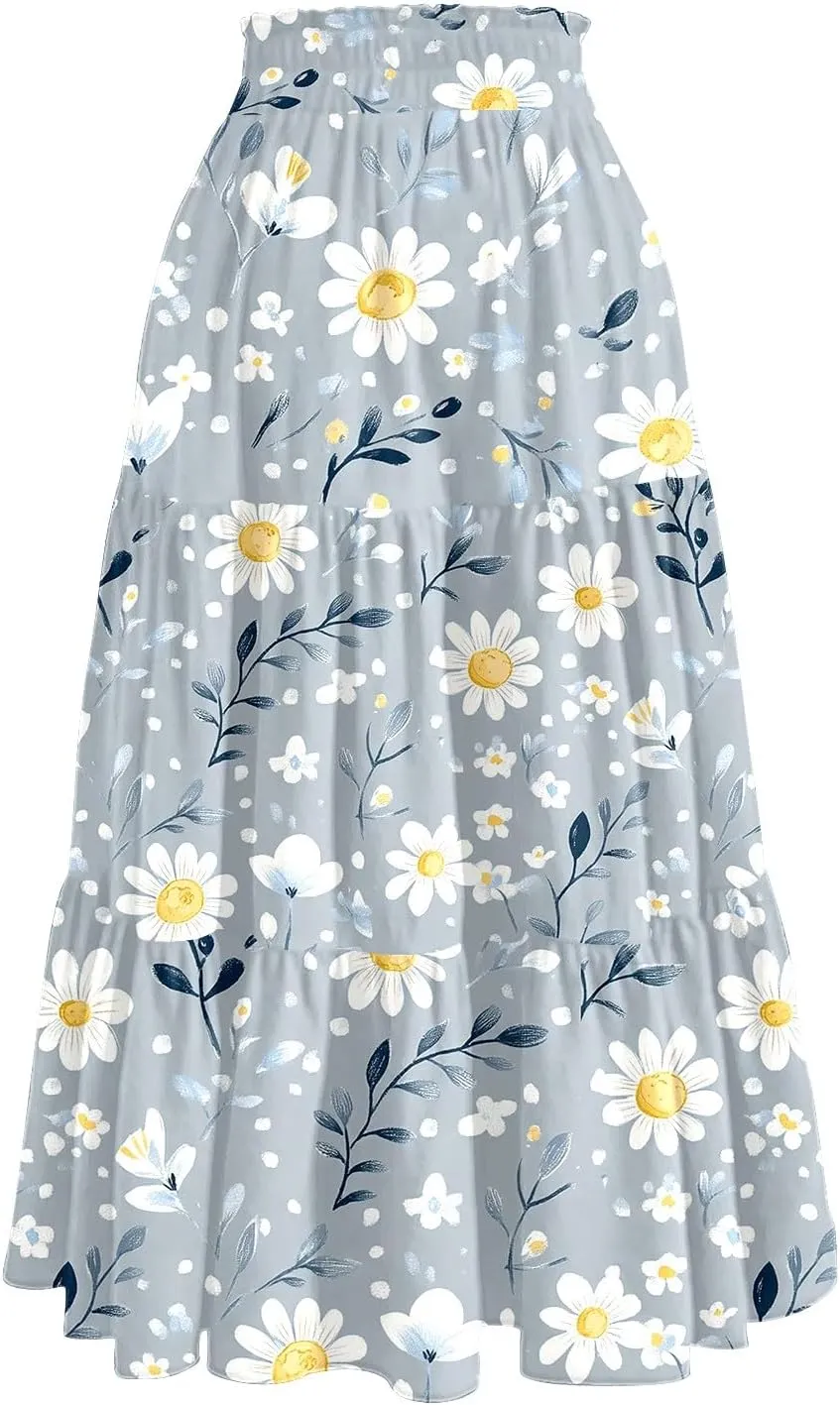 Women's Midi Boho Floral Tiered Skirts Trendy Comfy Flowy Drawstring High Elastic Waist A Line Skirt Skorts with Pockets
