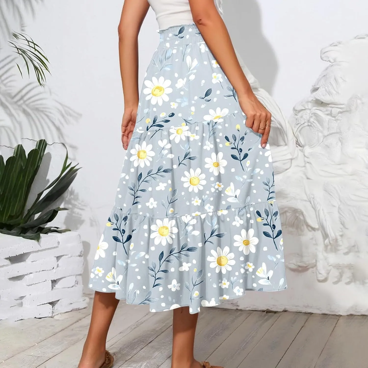 Women's Midi Boho Floral Tiered Skirts Trendy Comfy Flowy Drawstring High Elastic Waist A Line Skirt Skorts with Pockets
