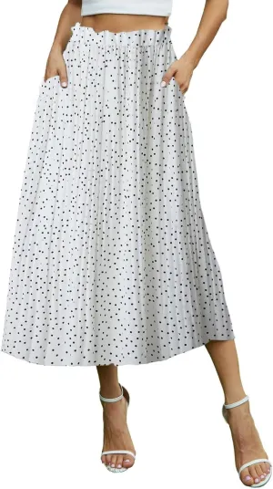 Womens Midi Skirt Casual High Waist A-Line Pleated Chiffon Long Skirts with Pockets