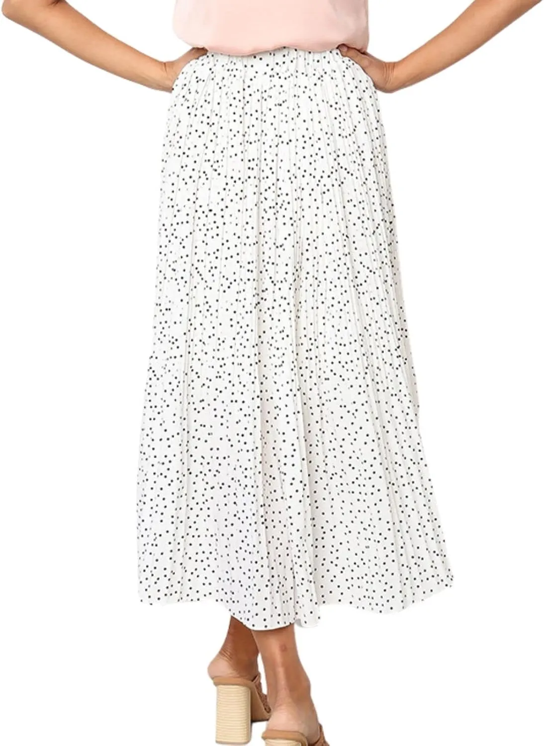 Womens Midi Skirt Casual High Waist A-Line Pleated Chiffon Long Skirts with Pockets