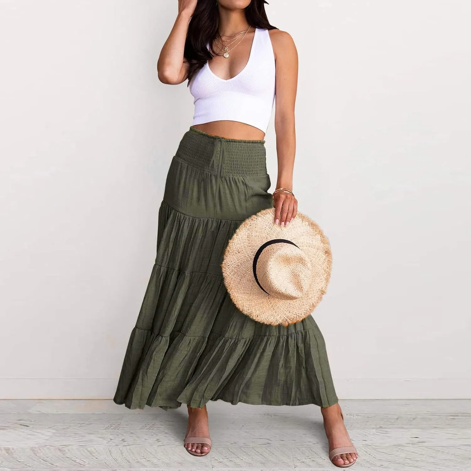 Women's Midi Skirt Summer Flowy High Waisted Casual Cotton Skirts 2025 Beach Holiday Casual Skirt