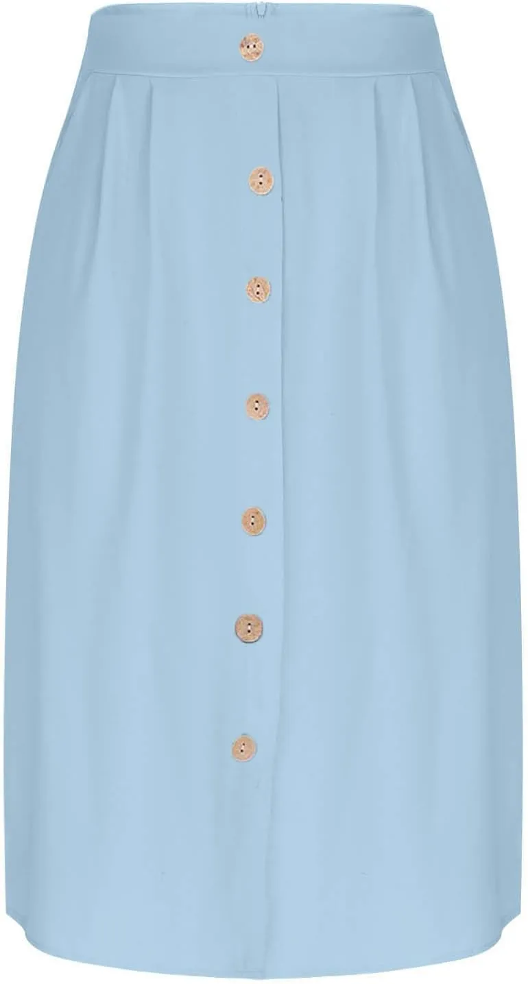 Womens Midi Skirts Button Front Casual Summer Skirt High Waisted A Line Work Skirts Flowy Beach Skirts with Pockets