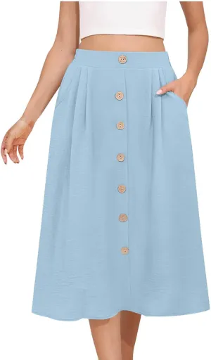 Womens Midi Skirts Button Front Casual Summer Skirt High Waisted A Line Work Skirts Flowy Beach Skirts with Pockets