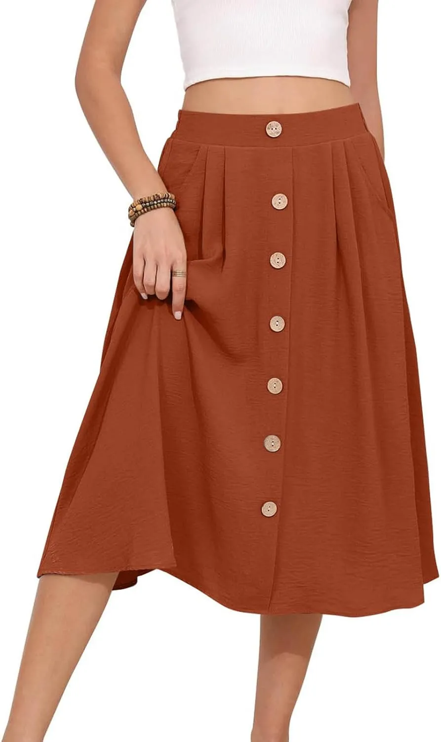 Womens Midi Skirts Button Front Casual Summer Skirt High Waisted A Line Work Skirts Flowy Beach Skirts with Pockets