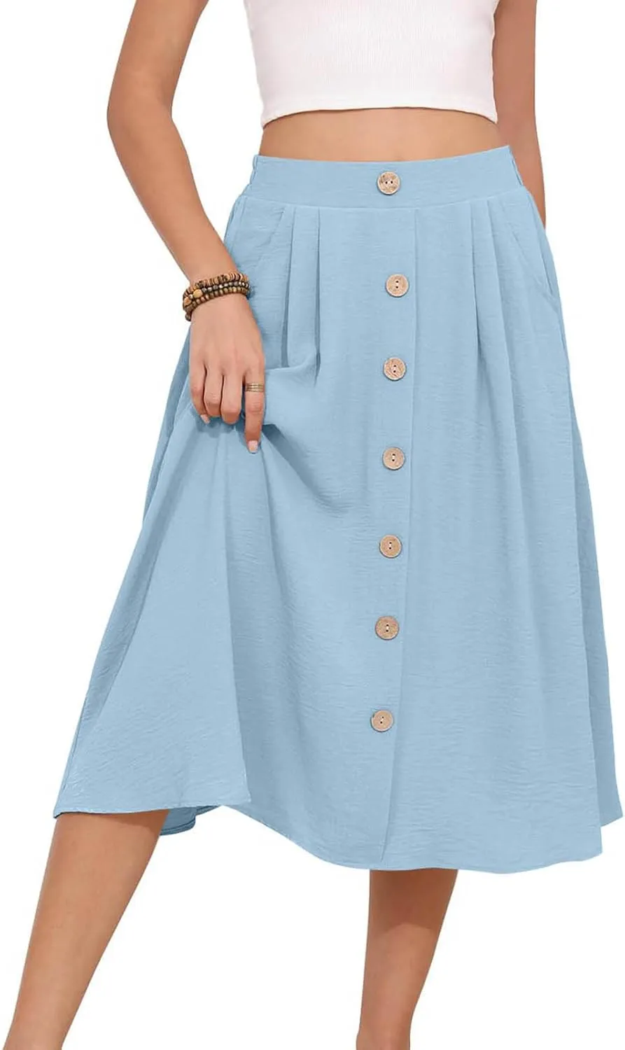 Womens Midi Skirts Button Front Casual Summer Skirt High Waisted A Line Work Skirts Flowy Beach Skirts with Pockets