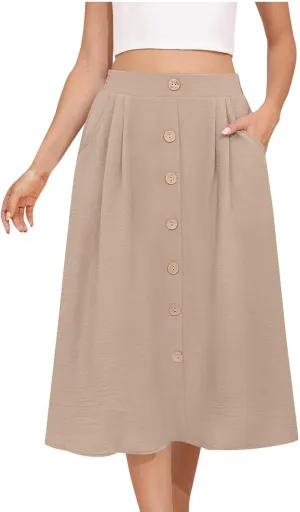 Womens Midi Skirts Button Front Casual Summer Skirt High Waisted A Line Work Skirts Flowy Beach Skirts with Pockets