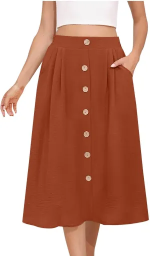 Womens Midi Skirts Button Front Casual Summer Skirt High Waisted A Line Work Skirts Flowy Beach Skirts with Pockets