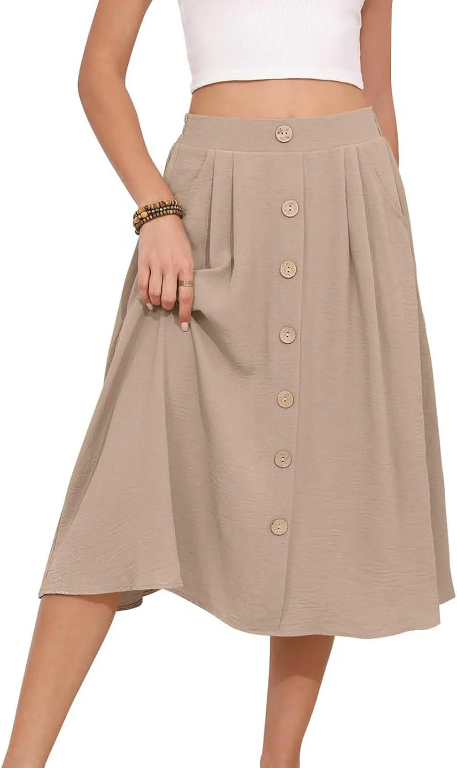 Womens Midi Skirts Button Front Casual Summer Skirt High Waisted A Line Work Skirts Flowy Beach Skirts with Pockets