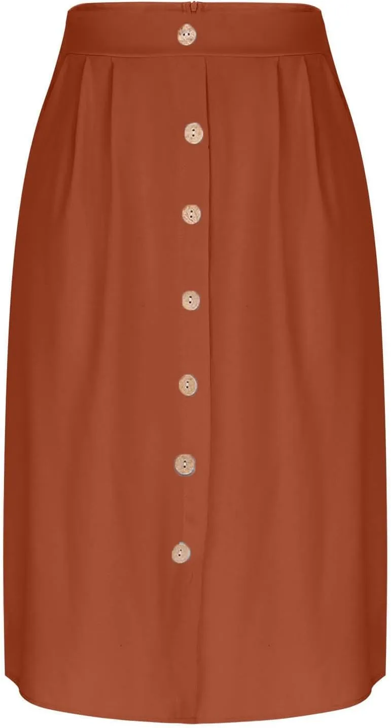 Womens Midi Skirts Button Front Casual Summer Skirt High Waisted A Line Work Skirts Flowy Beach Skirts with Pockets