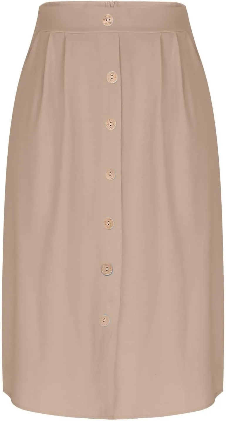 Womens Midi Skirts Button Front Casual Summer Skirt High Waisted A Line Work Skirts Flowy Beach Skirts with Pockets