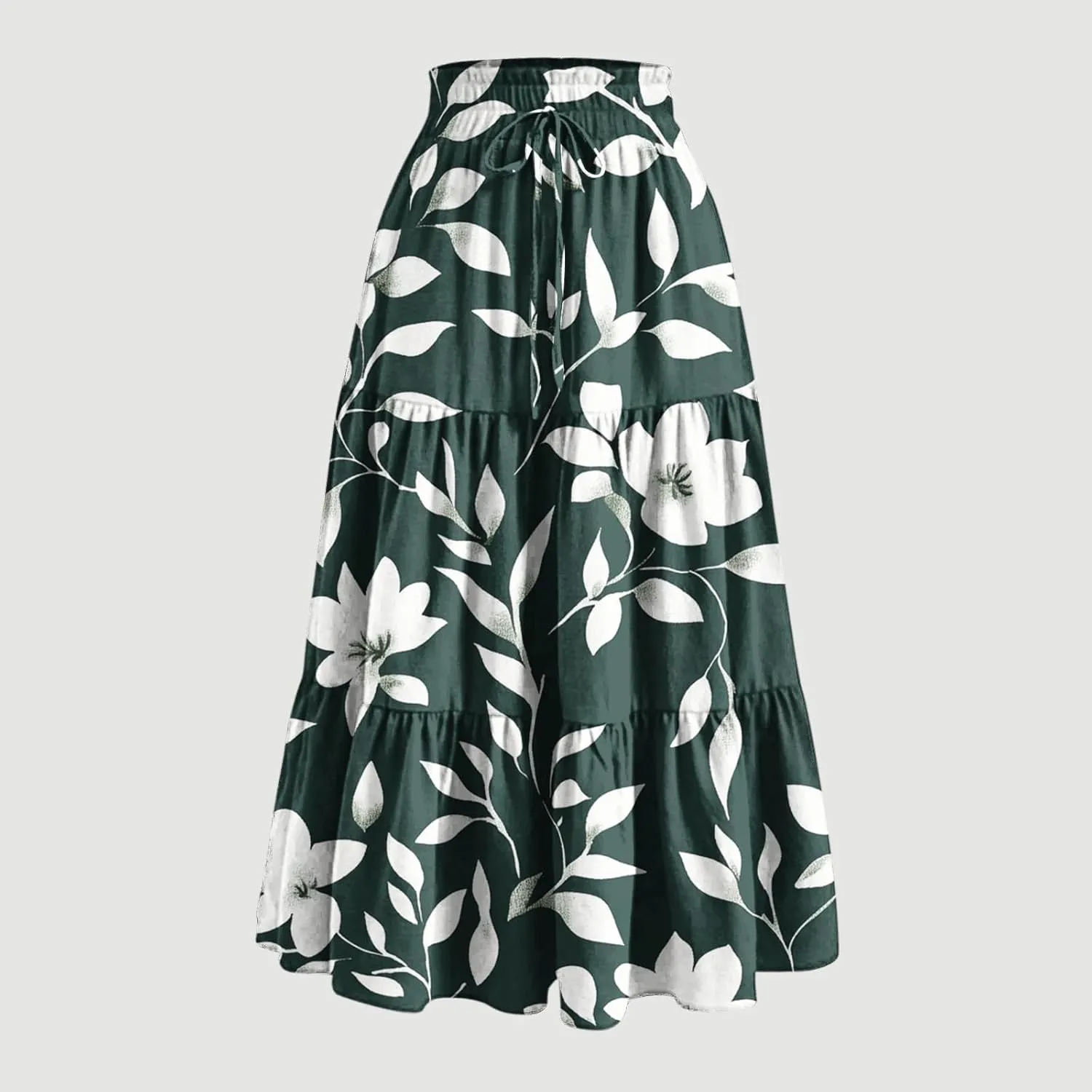 Womens Midi Skirts Trendy Loose Stretch Floral Print Boho Skirts Elastic High Waist A-Line Pleated Flowy Maxi Skirt