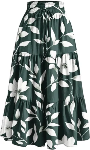 Womens Midi Skirts Trendy Loose Stretch Floral Print Boho Skirts Elastic High Waist A-Line Pleated Flowy Maxi Skirt