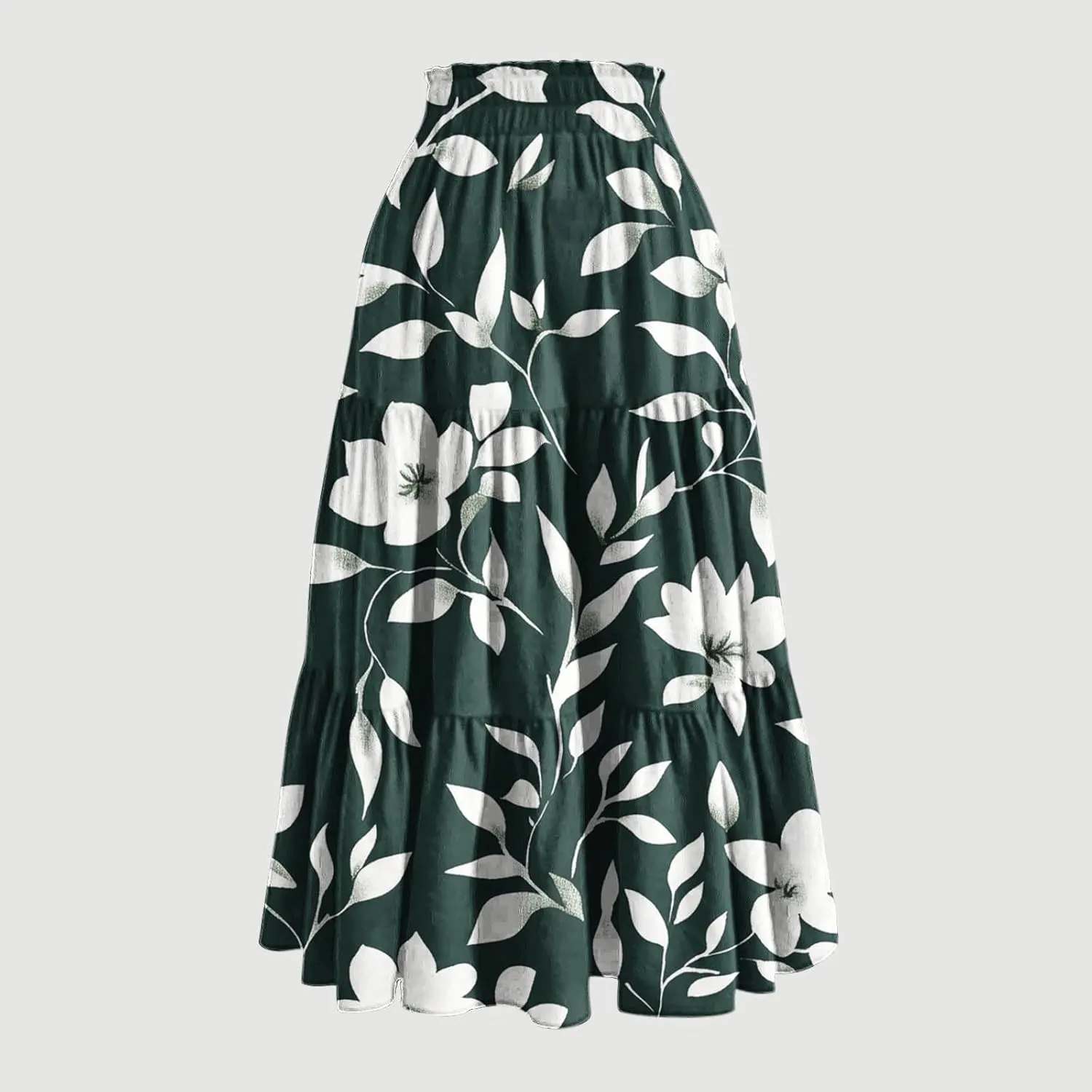 Womens Midi Skirts Trendy Loose Stretch Floral Print Boho Skirts Elastic High Waist A-Line Pleated Flowy Maxi Skirt