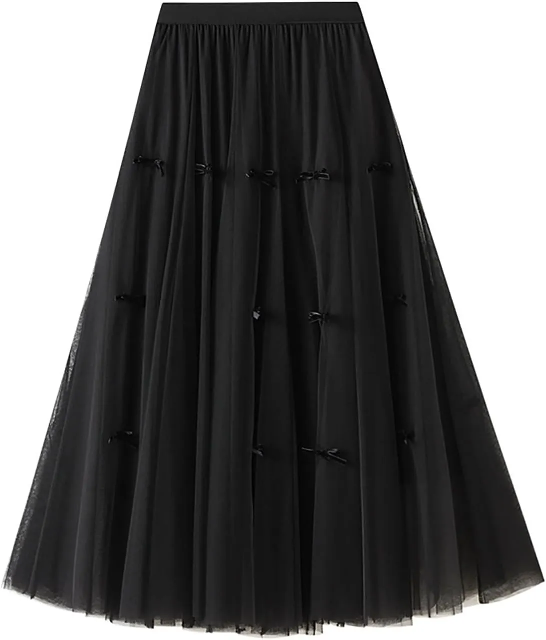 Women's Midi Tulle Skirts Floral Embroidery Layered Print Fairy Skirts Elastic Waist A-Line Mesh Skirt
