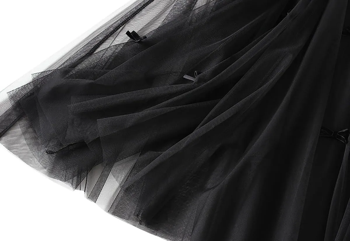 Women's Midi Tulle Skirts Floral Embroidery Layered Print Fairy Skirts Elastic Waist A-Line Mesh Skirt